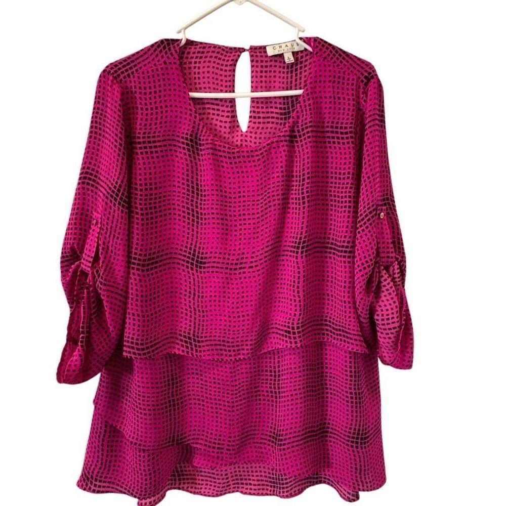 Chaus New York Long Sleeve Tiered Blouse Pink Black Size L